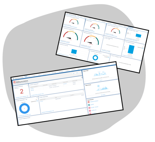 Hero Graphic: Dashboards on grey blob backdrop